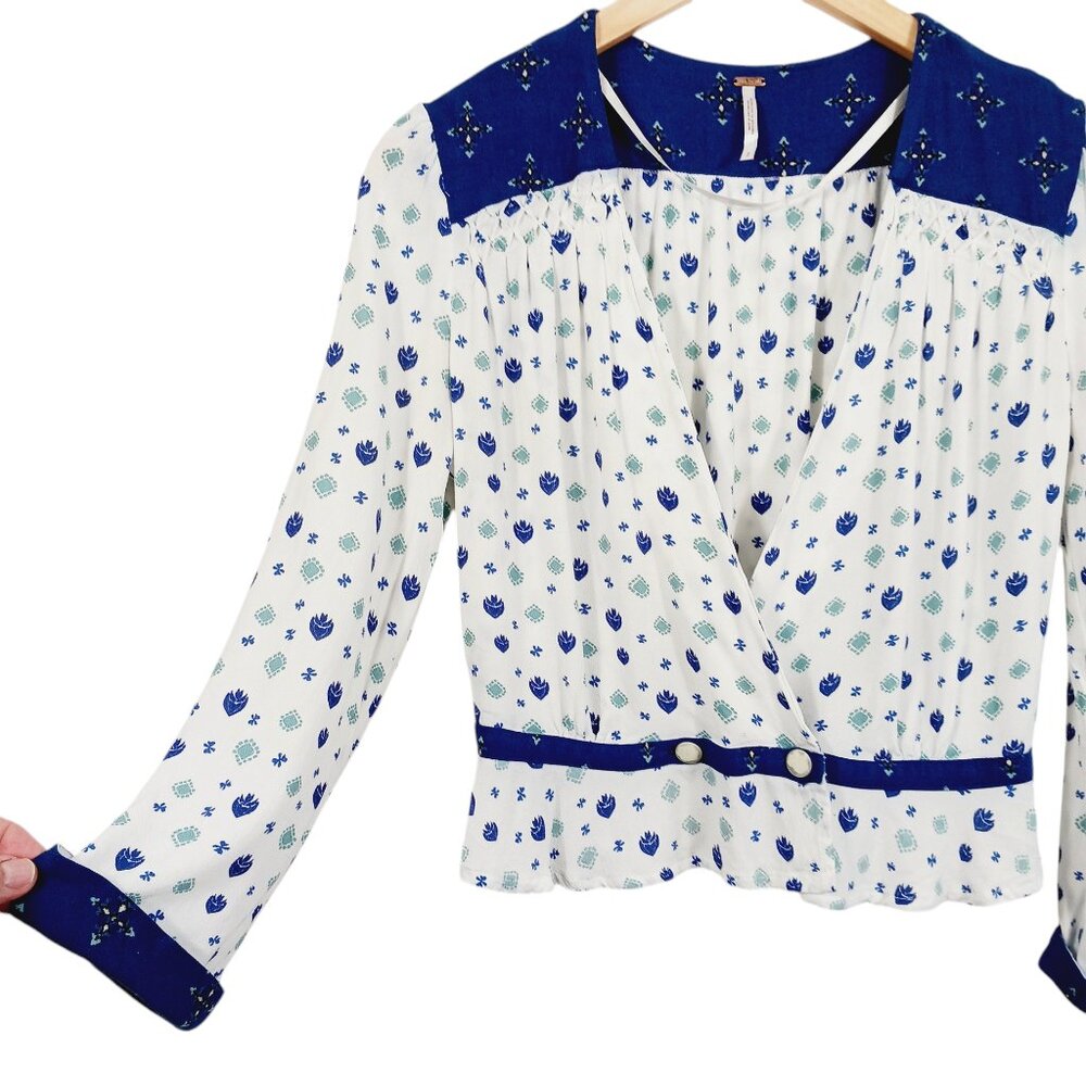 Free People Top, Size S, Wrap Front, Long Sleeve, White/Blue, Smocking, Boho - Picture 3 of 15